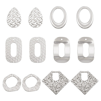 DIY Jewelry Making Finding Kit, Including 12Pcs 6 Styles 304 Stainless Steel Pendants & Linking Rings, Teardrop & Oval & Diamond & Rectangle & Wave Ring, Stainless Steel Color, 17.5~35x16.5~40x0.7~3.5mm, Hole: 0.9~1.6mm, 12Pcs/box