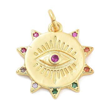 Rack Plating Brass Micro Pave Cubic Zirconia Pendants, Lead Free & Cadmium Free, Long-Lasting Plated, Sun with Evil Eye, Colorful, 17x2mm