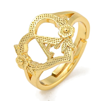 Heart with Letter & Flower Rack Plating Brass Adjustable Rings for Women, Lead Free & Cadmium Free, Real 18K Gold Plated, Letter A, US Size 6(16.5mm)