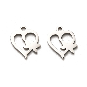 Valentine's Day 316 Surgical Stainless Steel Charms, Laser Cut, Heart Charm, Stainless Steel Color, Flower, 14x12.5x1mm, Hole: 1.6mm