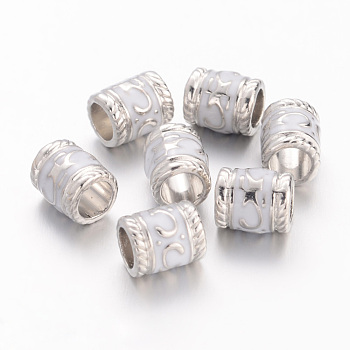 Enamel Alloy European Beads, Cadmium Free & Lead Free, Large Hole Column Beads, Platinum Plated, White, White, 8.5x7mm, Hole: 5mm