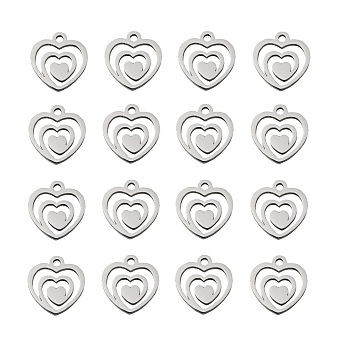 304 Stainless Steel Charms, Stamping Blank Tag, Heart with Heart, Stainless Steel Color, 13.8x12.8x1mm, Hole: 2mm