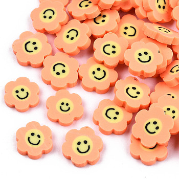 Handmade Polymer Clay Cabochons, Flower with Smile, Orange, 9~10x9.5~10.5x2mm, about 5750pcs/1000g