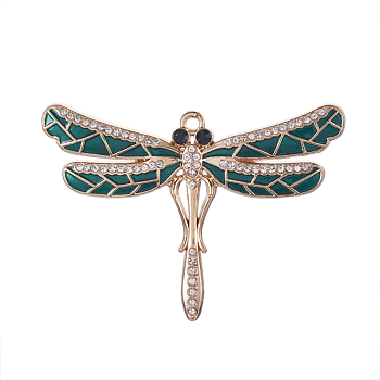 Light Gold Plated Alloy Pendants, with Enamel and Rhinestone, Dragonfly, Teal, 46x66x4mm, Hole: 2.5mm