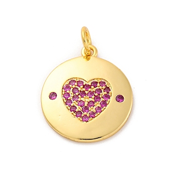 Brass Micro Pave Cubic Zirconia Pendants, Long-Lasting Plated, Lead Free & Cadmium Free, Gold, Round with Heart, Medium Violet Red, 18.5x16x1.5mm, Hole: 3mm