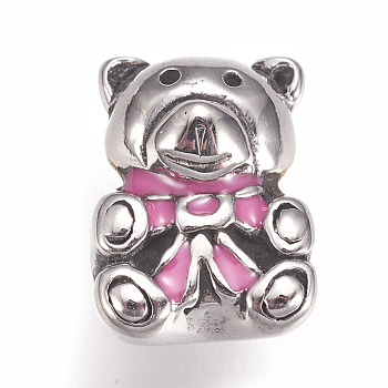 304 Stainless Steel Beads, with Enamel, Large Hole Beads, Bear, Pink, Antique Silver, 13x10x10mm, Hole: 5.5mm