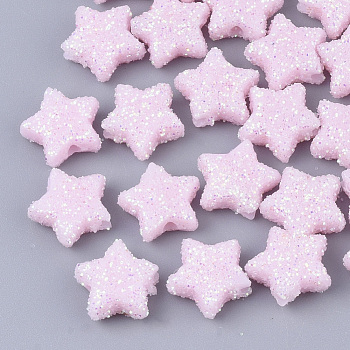 Opaque Acrylic Beads, with Glitter Powder, Star, Pink, 9.5x10x4mm, Hole: 1.6mm