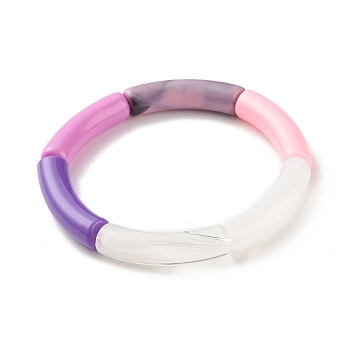 Acrylic Curved Tube Beaded Stretch Bracelet, Chunky Bracelet for Women, Orchid, Inner Diameter: 2 inch(5.1cm)