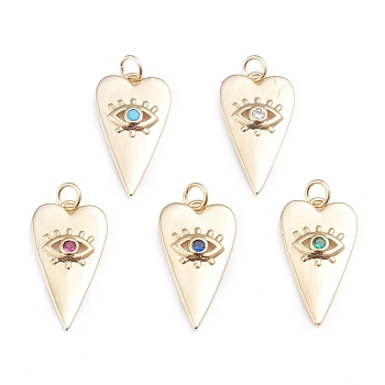 Brass Micro Pave Cubic Zirconia Pendants, with Jump Rings, Long-Lasting Plated, Heart with Evil Eye, Real 18K Gold Plated, Mixed Color, 24.5x13.5x3mm, Jump Ring: 5x0.8mm, 3.2mm Inner Diameter