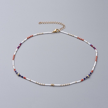 Seed Beaded Necklaces, with Golden Plated Brass Curb Chains, Brass Round Beads and 304 Stainless Steel Lobster Claw Clasps, White, 16.14 inch~16.73 inch(41~42.5cm)