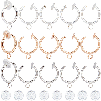 30Pcs 3 Colors Brass Clip-on Hoop Earring Findings, with Loop, for Non-pierced Ear, with 30Pcs Silicone Pads, Mixed Color, 17.5x13x1.5mm, Hole: 2.2mm, Pin: 0.7mm, 10Pcs/color