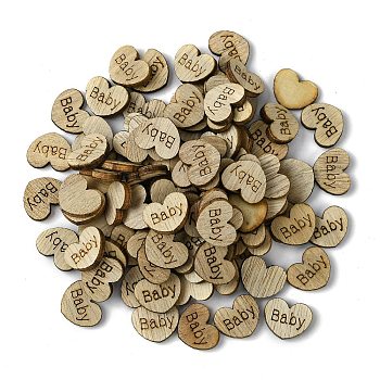 100Pcs Wood Cabochons, Heart with Word Baby, BurlyWood, 12x15x2.8mm