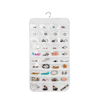 Non-Woven Fabrics Jewelry Hanging Bag, Wall Shelf Wardrobe Jewelry Roll, with Rotating Hook and Transparent PVC 80 Grids, Rectangle, White, 84.5x42.5x0.4cm