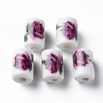 Handmade Porcelain Beads, Famille Rose Style, Column with Flower Pattern, Purple, 12.5x8.5mm, Hole: 3mm