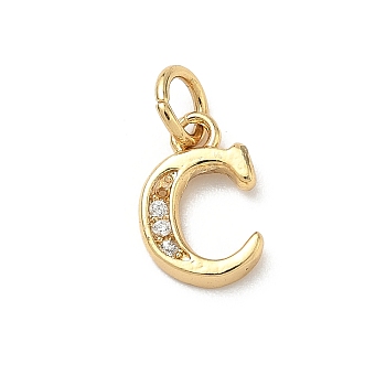 Brass Micro Pave Cubic Zirconia Charms, Cadmium Free & Lead Free, Real 18K Gold Plated, with Jump Ring, Letter C, 11x7x1.5mm, jump ring: 5x1mm, 3.5mm inner diameter