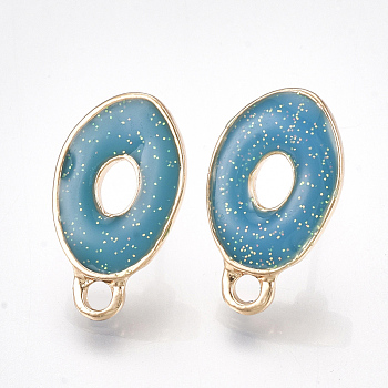 Alloy Enamel Stud Earring Findings, with Loop, Raw(Unplated) Pins and Glitter Powder and 925 Sterling Silver Pin, Oval, Light Gold, Steel Blue, 17x10mm, Hole: 1.8mm, Pin: 0.6mm