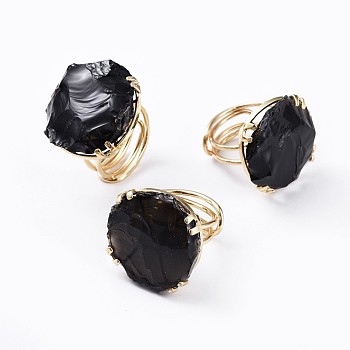 Adjustable Natural Rough Raw Obsidian Finger Rings, with Brass Findings, Nuggets, Golden, Size 8~9, 18~19.5mm