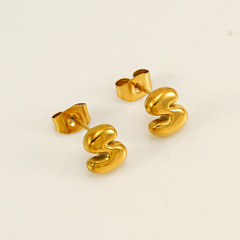 Chunk Letter 304 Stainless Steel Stud Earrings for Women, Real 18K Gold Plated, Letter S, 7.5~8.5x5~10.5mm