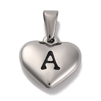 304 Stainless Steel Pendants, Heart with Black Letter, Stainless Steel Color, Letter A, 16x16x4.5mm, Hole: 7x3mm