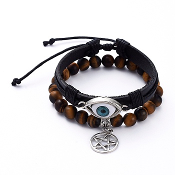 Stretch Charm Bracelets & Cowhide Leather Cord Bracelets Sets, Stackable Bracelets, with Alloy & Acrylic Pendants, Natural Tiger Eye Beads, Waxed Cotton Cord, Antique Silver, Inner Diameter: 2-1/4 inch(5.8cm) and 2-1/4 inch(5.6cm), 2pcs/set