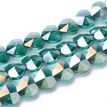 Electroplate Glass Beads, AB Color Plated, Faceted, Heart, Light Sea Green, 10x10x6.5mm, Hole: 1mm