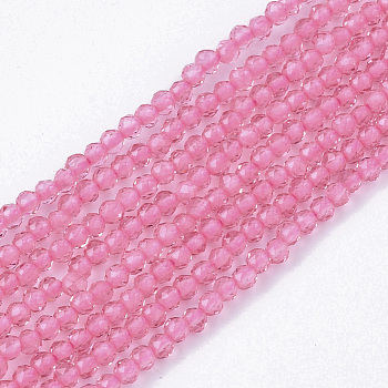 Electroplate Transparent Glass Beads Strands, Faceted, Round, Hot Pink, 2x2x2mm, Hole: 0.5mm, about 198pcs/Strand, 14.57 inch(37cm) 
