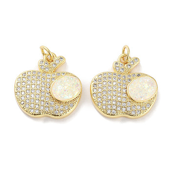 Brass Micro Pave Clear Cubic Zirconia Pendants, with Synthetic Opal and Jump Rings, Real 18K Gold Plated, Fruit Charms, Apple, 18.5x18x4mm, Hole: 3mm