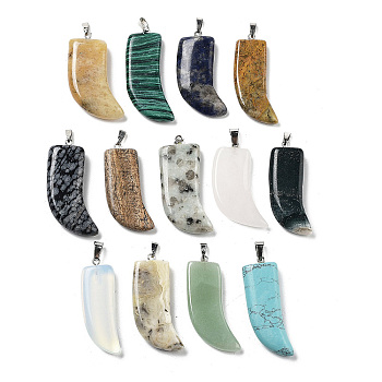 Natural & Synthetic Mixed Gemstone Pendants, Horn Charms with Platinum Plated Iron Snap on Bails, 38~44x14~25x5~8mm, Hole: 6x3mm