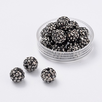 Pave Disco Ball Beads, Polymer Clay Rhinestone Beads, Grade A, Round, Jet Hematite, PP14(2~2.1mm), 10mm, Hole: 1.0~1.2mm