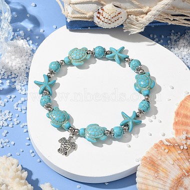 Starfish & Turtle Dyed Synthetic Turquoise Beaded Stretch Bracelets(BJEW-JB10925-02)-2