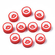 Handmade Polymer Clay Beads, Flat Round with Mouth, Red, 9.5~10x4~4.5mm, Hole: 1.6mm(CLAY-N011-44A-04)