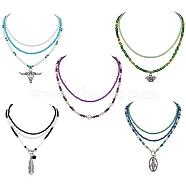 Oval with Virgin Mary & Cattle Head & Bee & Feather Pendant Necklaces Set, Glass Seed Beads Necklaces, Non-magnetic Synthetic Hematite & Natural Pearl Beads Necklaces for Women, Mixed Color, 14.8~20.5 inch(37.5~52cm), 13pcs/set(NJEW-SW00006)
