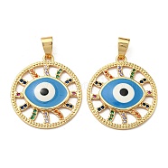 Real 18K Gold Plated Brass Pendants, with Cubic Zirconia and Enamel, Flat Round with Evil Eye Charms, Deep Sky Blue, 26x23.5x3mm, Hole: 6x4mm(KK-L209-010G-01)