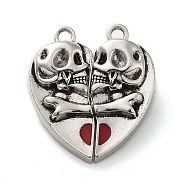 Tibetan Style Alloy Enamel Magnetic Clasps, Heart with Skull, Antique Silver, Dark Red, 27.5x24.5x6.5mm, Hole: 2mm(PALLOY-Q461-09AS)
