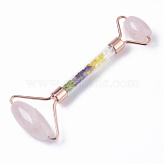 Natural Rose Quartz Massage Tools, Facial Rollers, with K9 Glass & Gemstone Chips & Zinc Alloy Findings, Rose Gold, 144x56x19.5mm(G-R466-02RG)