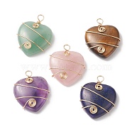 Natural Mixed Stone Copper Wire Wrapped Pendants, Heart Charms, Light Gold, 37.5~39x31~31.5x9~9.5mm, Hole: 4.5mm(PALLOY-JF02042)