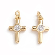 Brass Micro Pave Cubic Zirconia Tiny Cross Charms, with Jump Ring, Long-Lasting Plated, Clear, Golden, 12.5x7.8x2.2mm, Hole: 2.5mm(ZIRC-G165-03G)