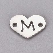 304 Stainless Steel Links, Heart with Letter, Stainless Steel Color, Letter.M, 9x12x1mm, Hole: 1.2mm(STAS-CJC0001-03M-P)