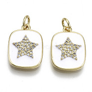 Brass Micro Pave Clear Cubic Zirconia Pendants, with Enamel and Jump Ring, Rectangle with Star, Real 16K Gold Plated, Nickel Free, White, 17.5x13x3mm, Jump Ring: 5x1mm, 3mm inner diameter(KK-N227-36B-NF)