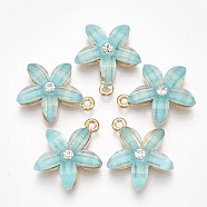 Alloy Pendants, with Resin and Rhinestone, Flower, Crystal, Light Gold, Medium Turquoise, 21.5x18.5x5mm, Hole: 1.5mm(X-PALLOY-S177-01A)