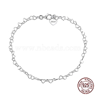 Rhodium Plated 925 Sterling Silver Heart Link Chain Anklets Jewelry for Women, with 925 Stamp, Real Platinum Plated, 9-7/8 inch(25cm)(AJEW-F162-008P)