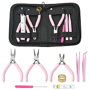 Jewelry Tools Sets, including Plastic Handle Steel Pliers, 401 Stainless Steel Tweezers, Iron Bead Needles, Brass Rings, PVC Soft Tape Measures, Plastic Cable Ties, Imitation Leather Storage Bags, Pearl Pink(TOOL-YW0001-21A)