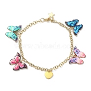Enamel Butterfly & Alloy Heart Charm Bracelet with Ion Plating(IP) 304 Stainless Steel Chains, Colorful, 7-5/8 inch(19.4cm)(BJEW-JB09558)