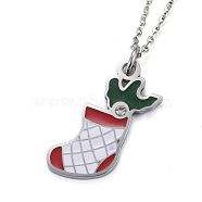 304 Stainless Steel Pendant Necklaces, for Christmas, with Enamel and Rhinestone, Christmas Stocking, Colorful, Stainless Steel Color, 19-3/4 inch(50cm)(NJEW-Z008-01P)
