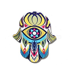 Opaque Acrylic Pendants, Hamsa Hand/Hand of Miriam Charm, Evil Eye Pattern, 52.5x43.5x2mm, Hole: 1.6mm(SACR-P016-A06)