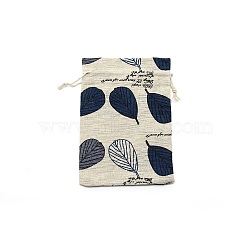 Cotton and Linen Packing Pouches, Drawstring Bags, Rectangle with Leaf Pattern, Marine Blue, 13.8x9.8x0.35cm(ABAG-TAC0007-01B)