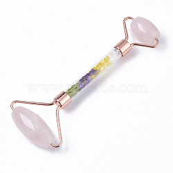 Natural Rose Quartz Massage Tools, Facial Rollers, with K9 Glass & Gemstone Chips & Zinc Alloy Findings, Rose Gold, 144x56x19.5mm(G-R466-02RG)