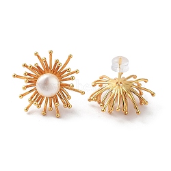 Flower Natural Pearl Stud Earrings for Women, with Sterling Silver Pins, Real 18K Gold Plated, 22x22mm(EJEW-E303-21G)