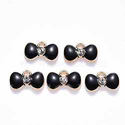 Alloy Enamel Charms, with Crystal Rhinestone, Bowknot, Light Gold, Black, 9x15x2mm, Hole: 1.8mm(ENAM-N054-001B)