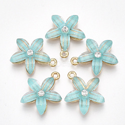 Alloy Pendants, with Resin and Rhinestone, Flower, Crystal, Light Gold, Medium Turquoise, 21.5x18.5x5mm, Hole: 1.5mm(X-PALLOY-S177-01A)
